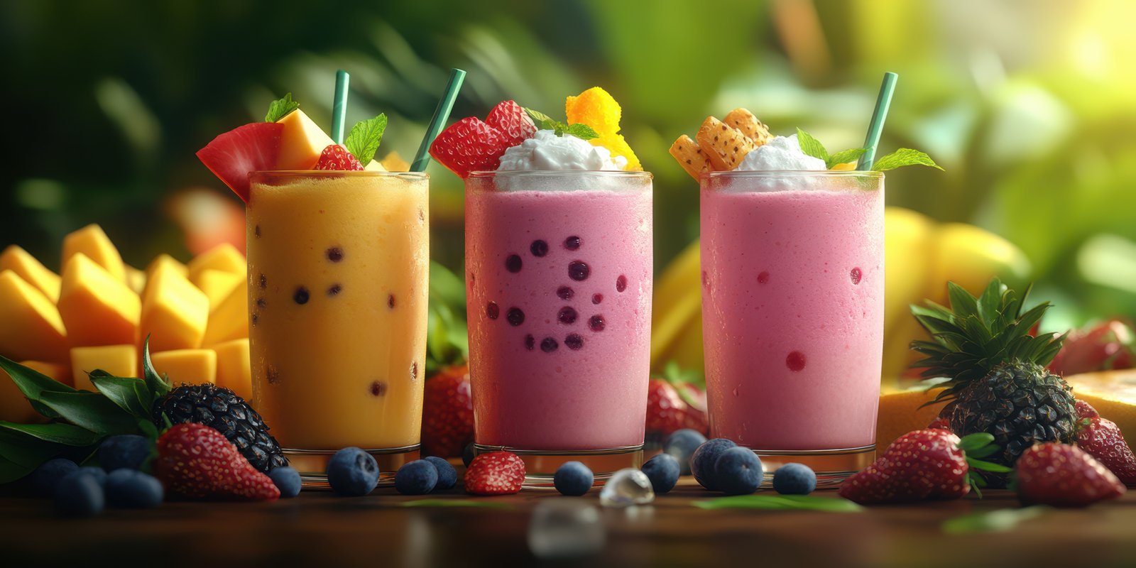 Colorful fruit smoothies displayed on a wooden table surrounded by fresh fruits in a tropical setting
